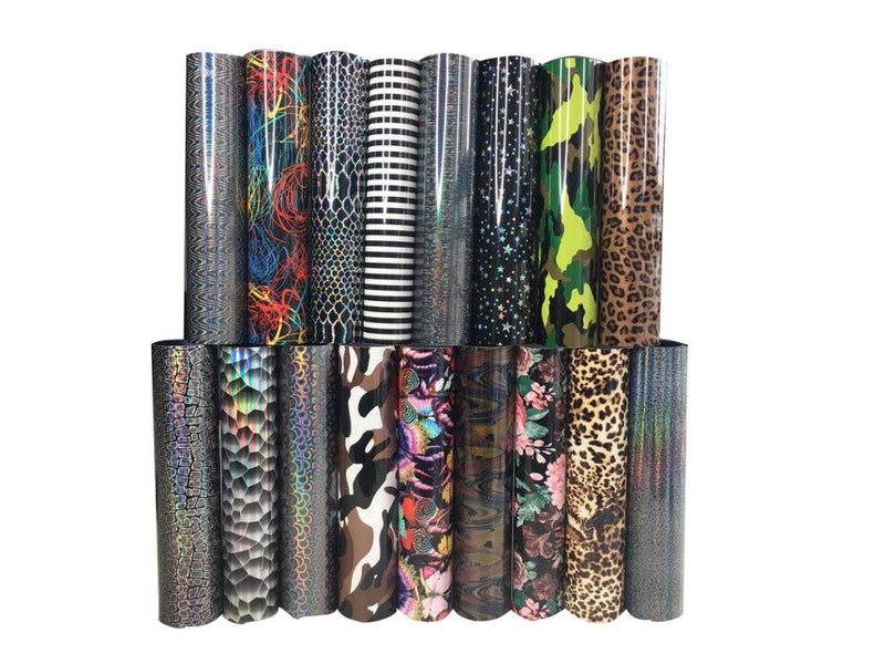 Patterned heat transfer vinyl 12 inch by 1 yard roll with printed multi-color designs