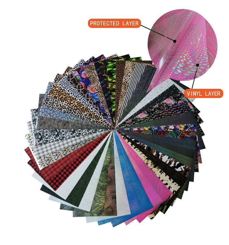 Patterned heat transfer vinyl with printed multi-color designs for Cricut and Silhouette