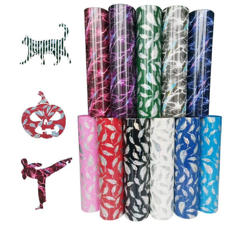 Patterned heat transfer vinyl with printed multi-color designs for Cricut and Silhouette