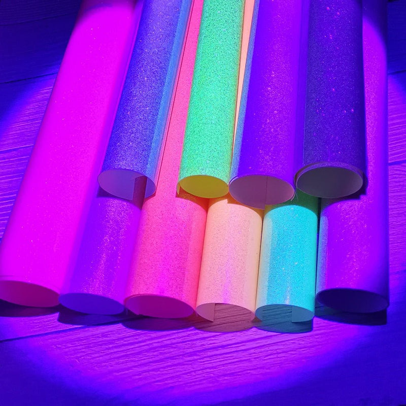 Glitter glow in the dark heat transfer vinyl that sparkles in light and glows in darkness