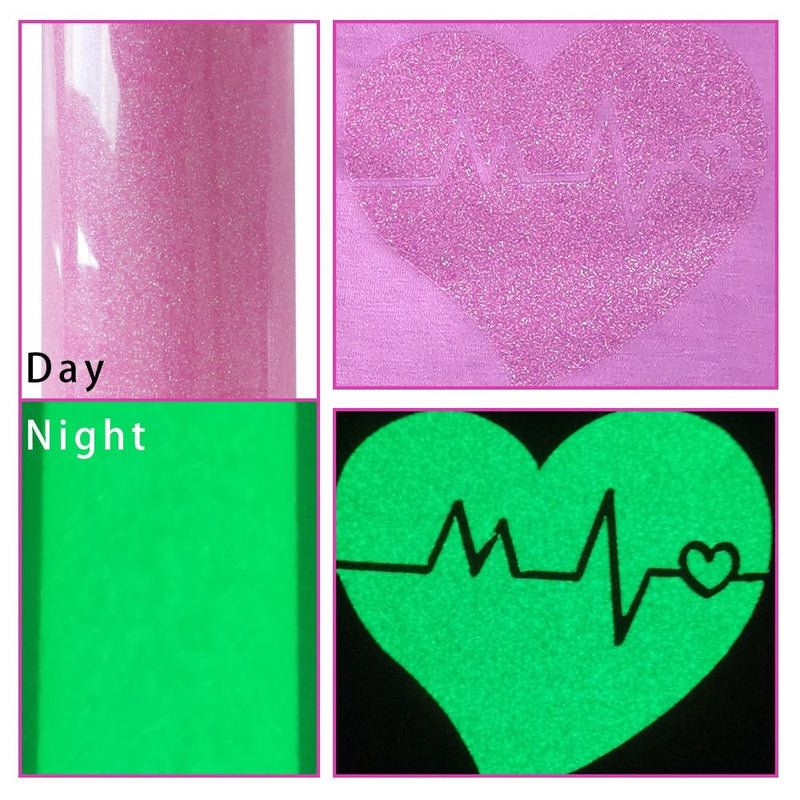 Glitter glow in the dark heat transfer vinyl that sparkles in light and glows in darkness