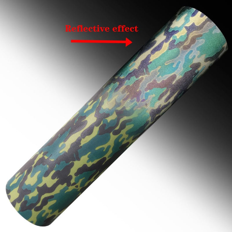 Reflective colorful heat transfer vinyl that appears colored in daylight and flares bright under direct light