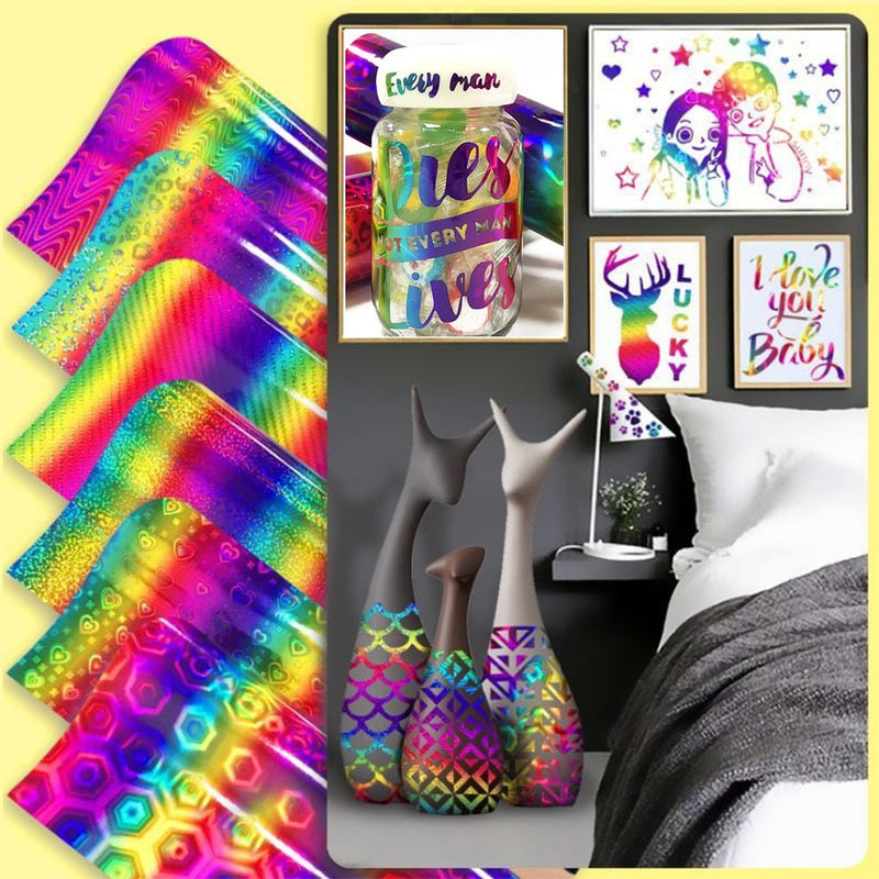 Rainbow and pattern holographic self-adhesive permanent vinyl with printed light-catching designs
